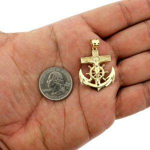 Real 10K Yellow Gold Large Anchor Cross Pendant